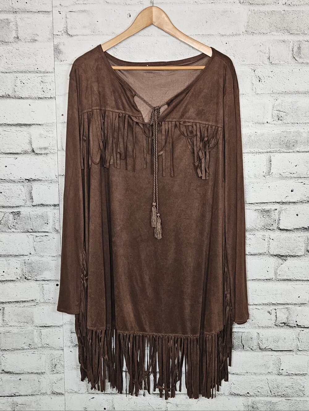 Western Fringe Faux Suede Tunic Dress Brown Boho Festival Top